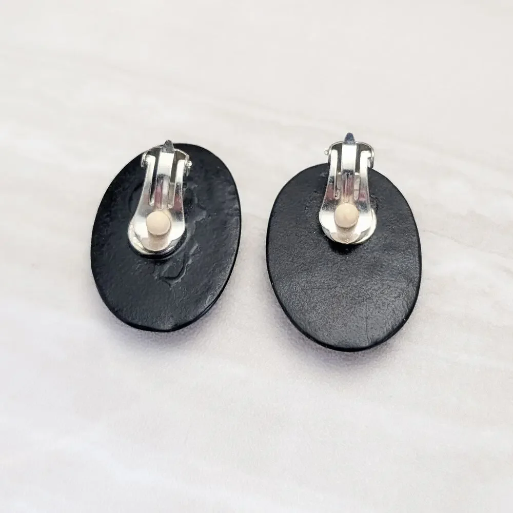Vintage Clip On Earrings Stylish Black Large Oval - 1 & 3/8